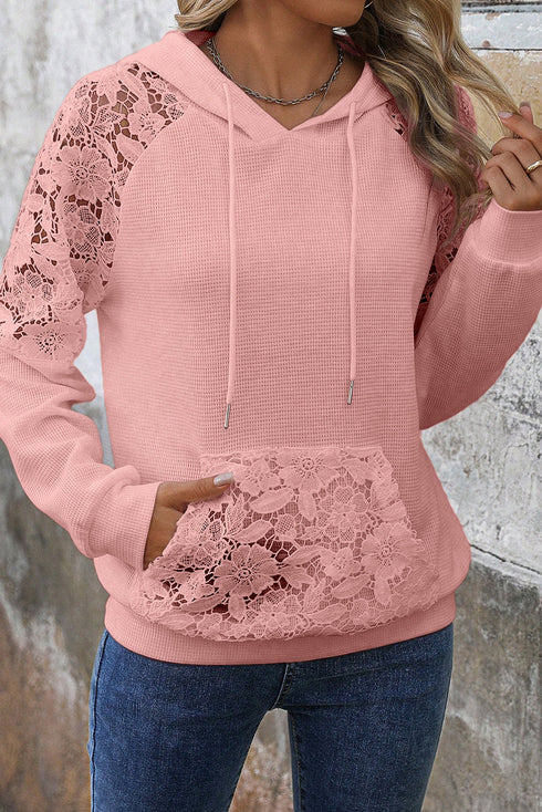 Waffle Knit Lace Patchwork Raglan Drawstring Kangaroo Pocket Hoodie